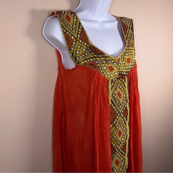 MEDIUM BOHO TRIBAL TOP WOMENS TUNIC TOP ORANGE GOLD EMBROIDERED - Picture 4 of 7